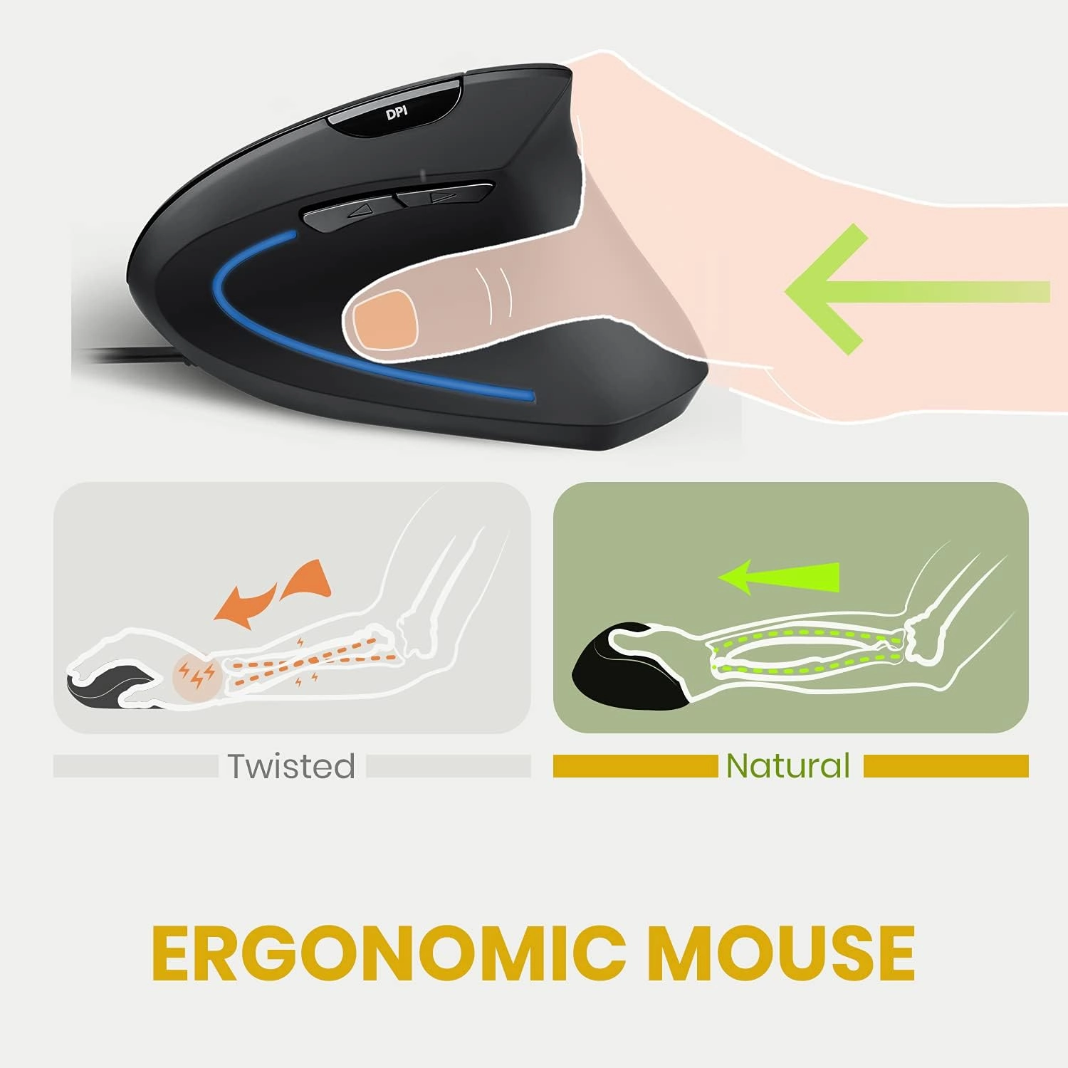 Perixx PERIMICE-513 Wired Ergonomic Vertical Mouse - 6 Buttons with 1000/1600 DPI - Right-Handed Design - Wired USB 5.9ft Cable - Black