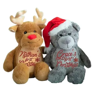 Personalized Baby First Christmas Teddy Bear with Santa Hat and Reindeer Plush Toy, Custom Name Reindeer Antlers Doll Christmas Stuffed Animals Soft Plushie Toy Christmas Decoration Kids Xmas Gift