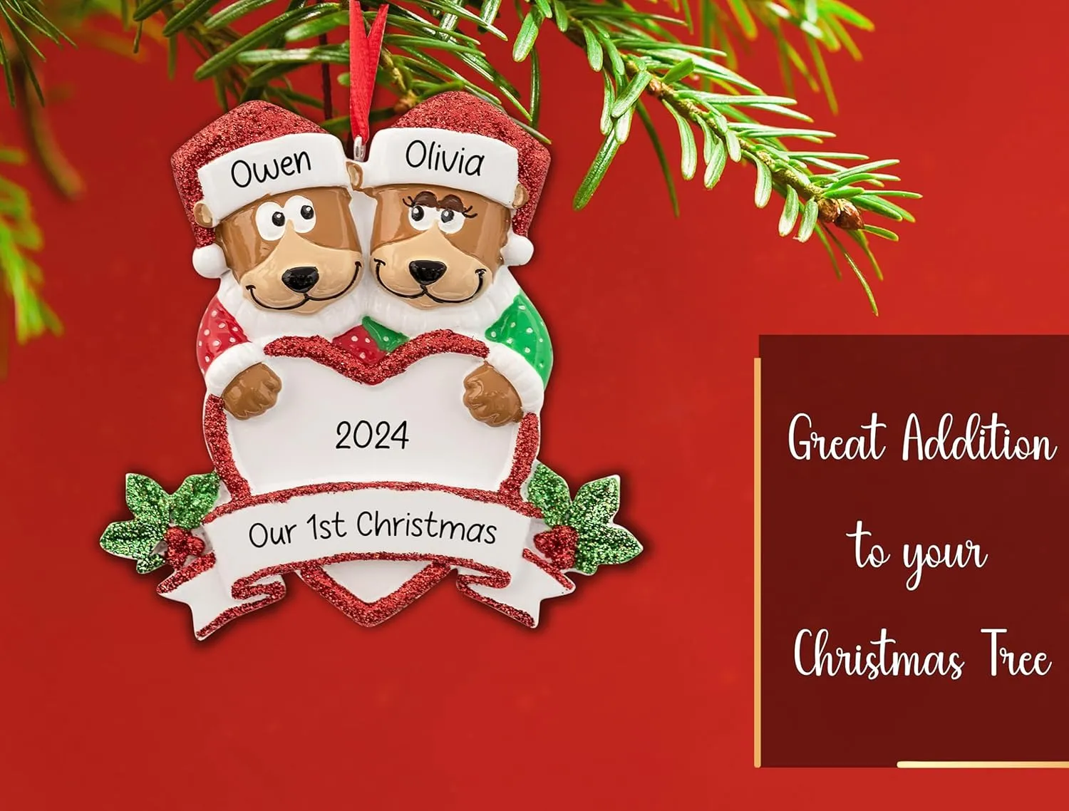 Personalized Brown Bear Couple Christmas Ornament 2024 | Bear Family of 2 for Xmas Tree | Customized Our First Christmas Together Keepsake - Unique Dating Love Gift - Custom Name & Year