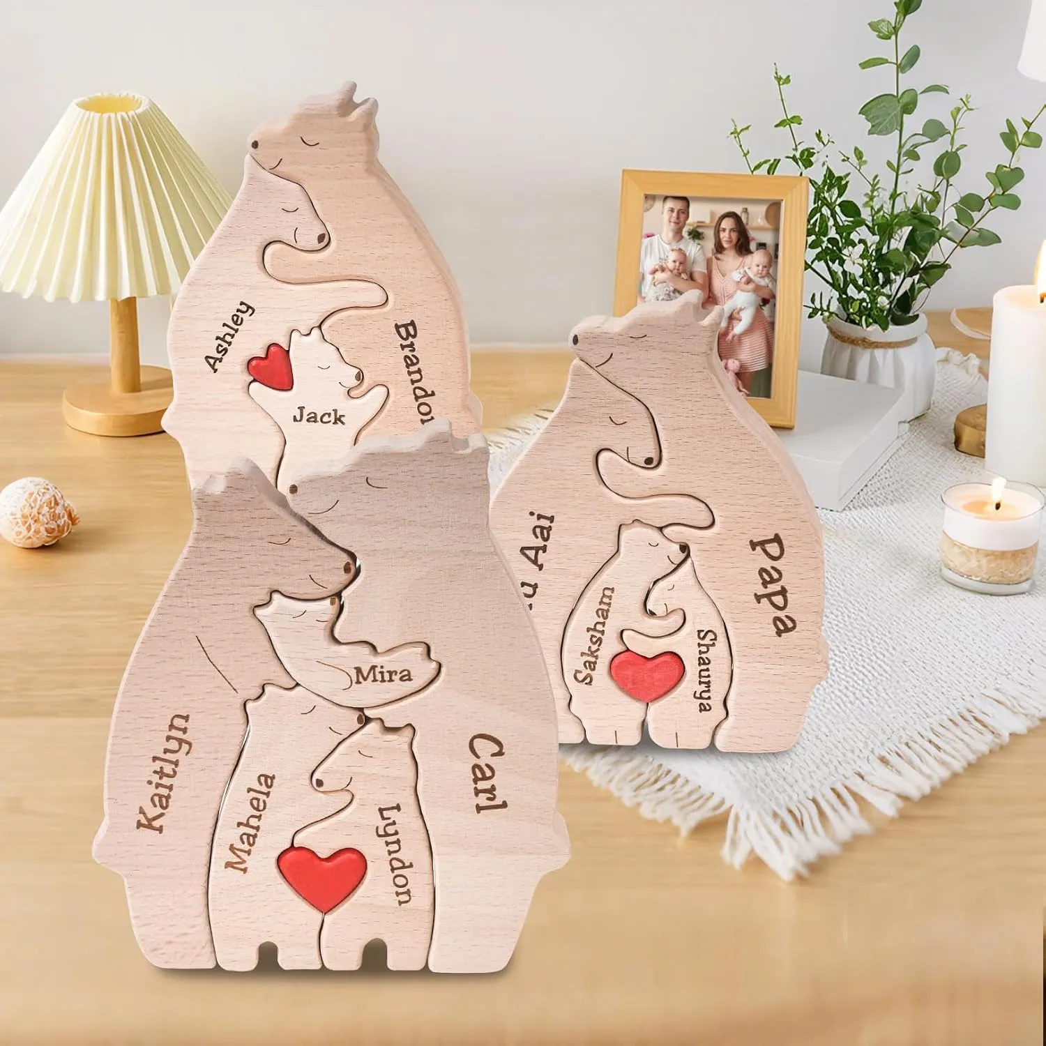 Personalized Wooden Bear Puzzle We are One Family Puzzle Custom Family Name Sculpture Unique Wooden Decor Gift for Mom/Dad Members House Warming Gifts
