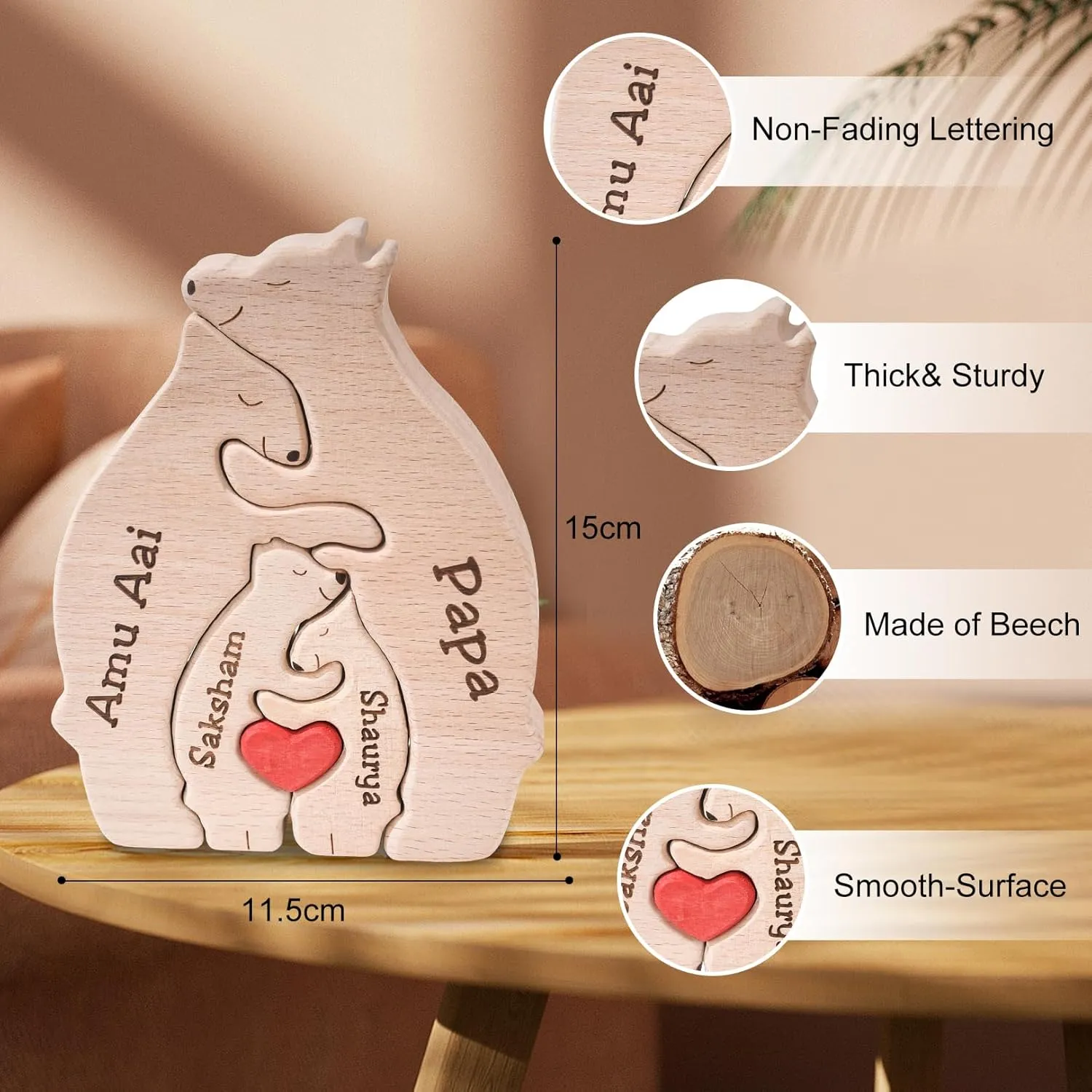 Personalized Wooden Bear Puzzle We are One Family Puzzle Custom Family Name Sculpture Unique Wooden Decor Gift for Mom/Dad Members House Warming Gifts