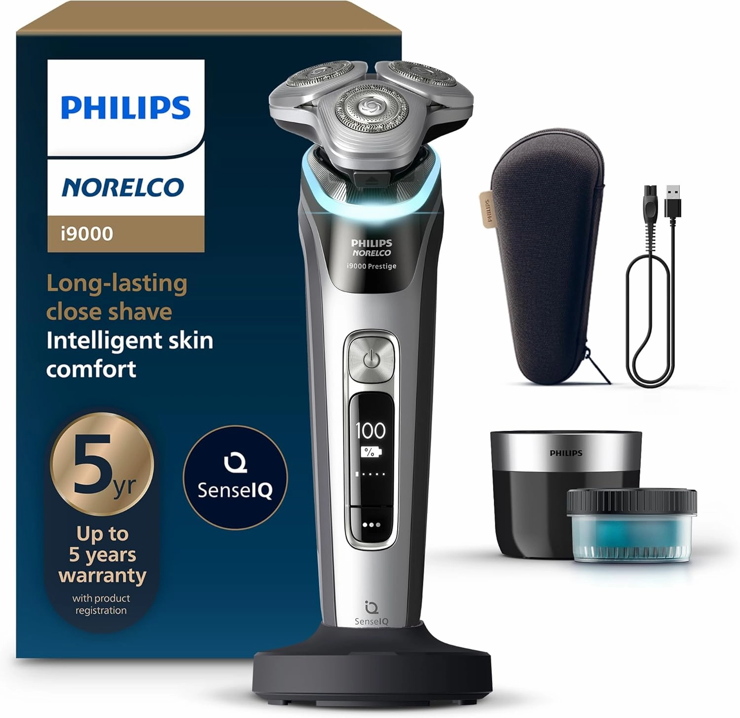 Philips Norelco Shaver i9000 Prestige, Wet & Dry Electric Shaver, Dark Slate Nova, SenseIQ Technology, Triple Lift & Cut System, 360 Rotating Dual SteelPrecision Blades, Charging Stand, XP9204/85