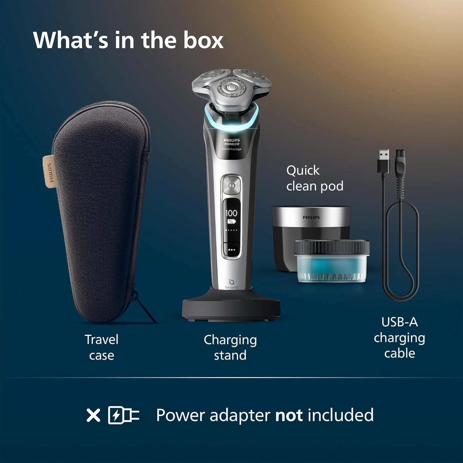 Philips Norelco Shaver i9000 Prestige, Wet & Dry Electric Shaver, Dark Slate Nova, SenseIQ Technology, Triple Lift & Cut System, 360 Rotating Dual SteelPrecision Blades, Charging Stand, XP9204/85