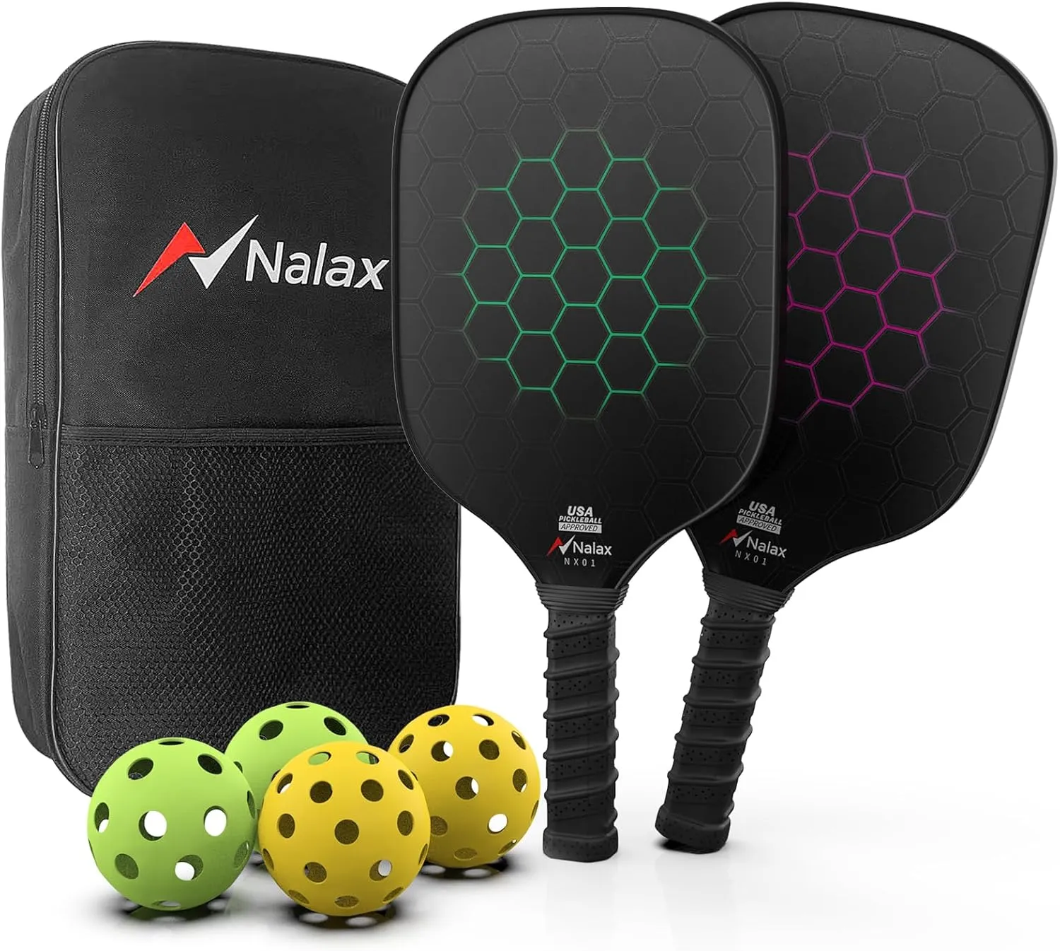 Pickleball Paddles, Nalax Fiberglass Pickleball Paddles Set of 2, USAPA Approved Graphite Power Polymer Core Pickle Ball Paddle with 4 Balls and 1 Bag for Men Women