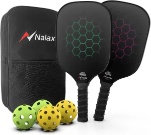 Pickleball Paddles, Nalax Fiberglass Pickleball Paddles Set of 2, USAPA Approved Graphite Power Polymer Core Pickle Ball Paddle with 4 Balls and 1 Bag for Men Women