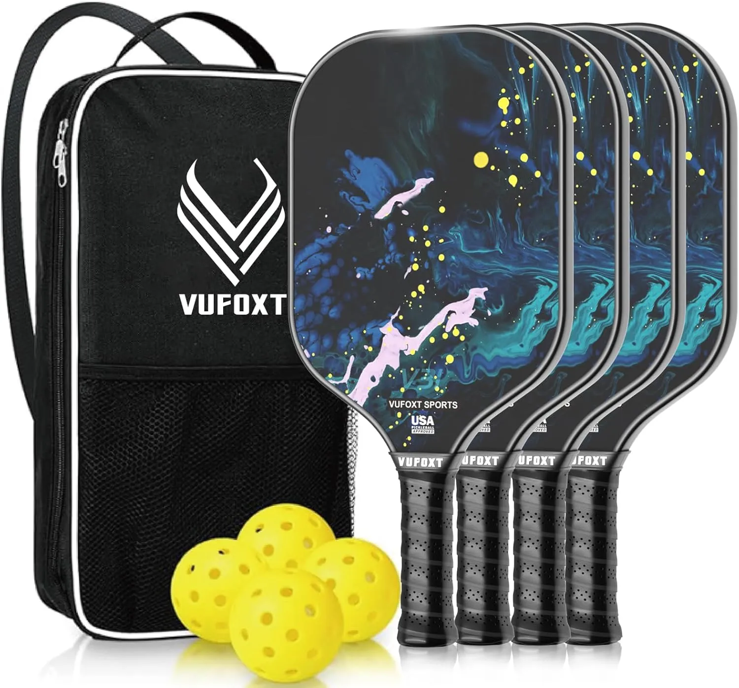 Pickleball Paddles Set of 2/4, USAPA Approved 99.99% Carbon Fiber Surface Pickleball Sets PP Honeycomb Core Pickleball Rackets, Lightweight Paddles with 4/6 Balls 1 Bag and Tapes for Beginners Medium