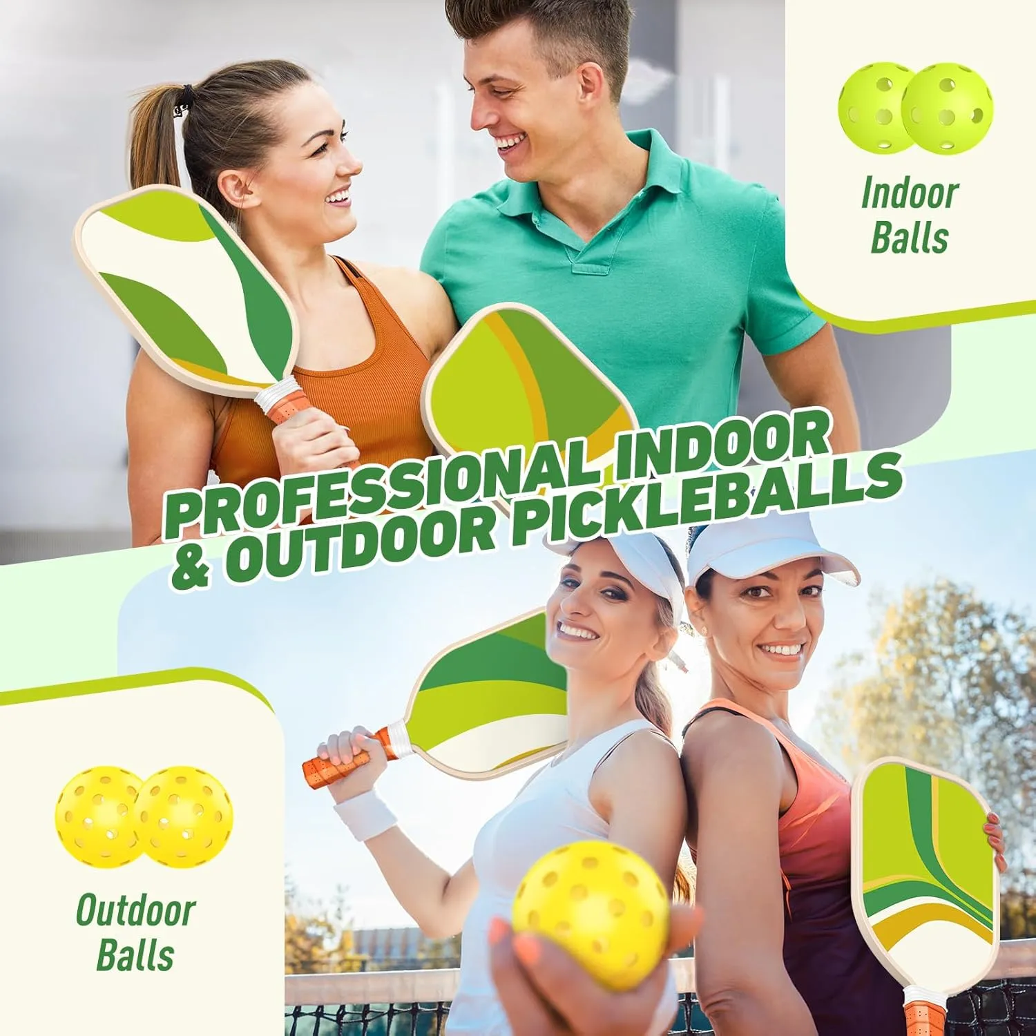 Pickleball Paddles Set of 4, Premium Wood with 4 Indoor & Outdoor Pickleball Balls and 1 Carry Bag, Pickleball Rackets with Ergonomic Cushion Grip for Beginner & Professional Gifts for Women Men Youth