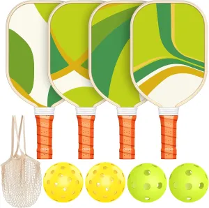 Pickleball Paddles Set of 4, Premium Wood with 4 Indoor & Outdoor Pickleball Balls and 1 Carry Bag, Pickleball Rackets with Ergonomic Cushion Grip for Beginner & Professional Gifts for Women Men Youth