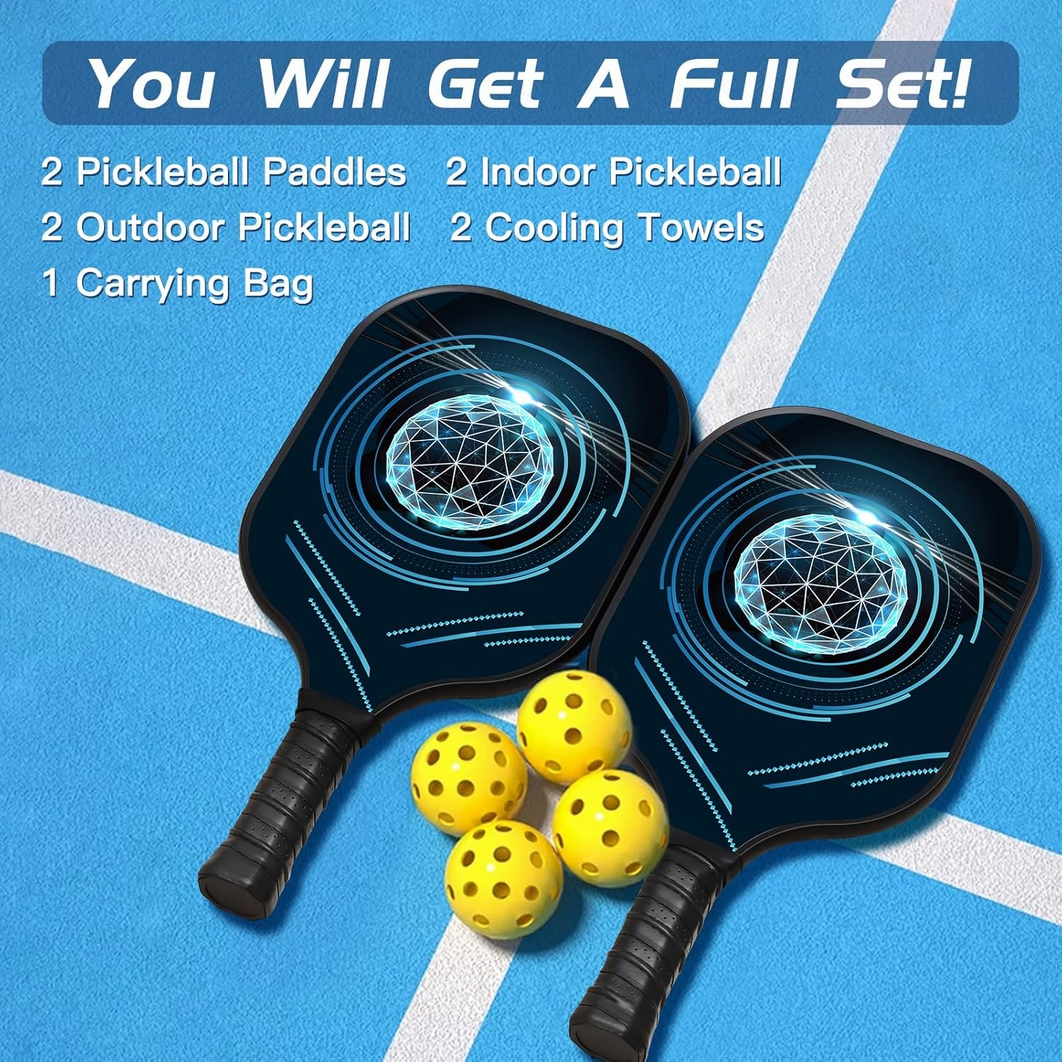 Pickleball Paddles, Fiberglass Surface Pickleball Set of 2, Lightweight Pickleball Rackets, with 4 Balls, 2 Cooling Towels & 1 Carrying Case, Pickle Ball Paddle Set for Indoor Outdoor