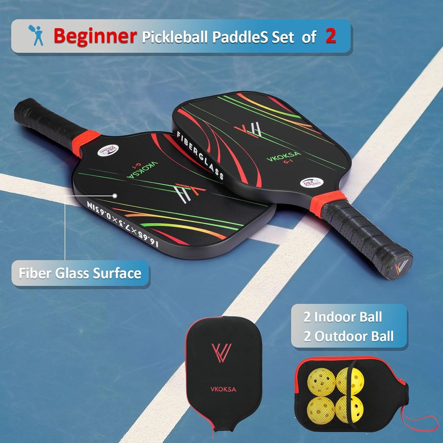 Pickleball Paddles,Pickleball Paddles Set of 2 or 1,Composite Fiberglass/Carbon Fiber Material Pickleball Paddle,Lightweight Design,16mm Thickness Core,5.5IN Long Handle Pickleball Set