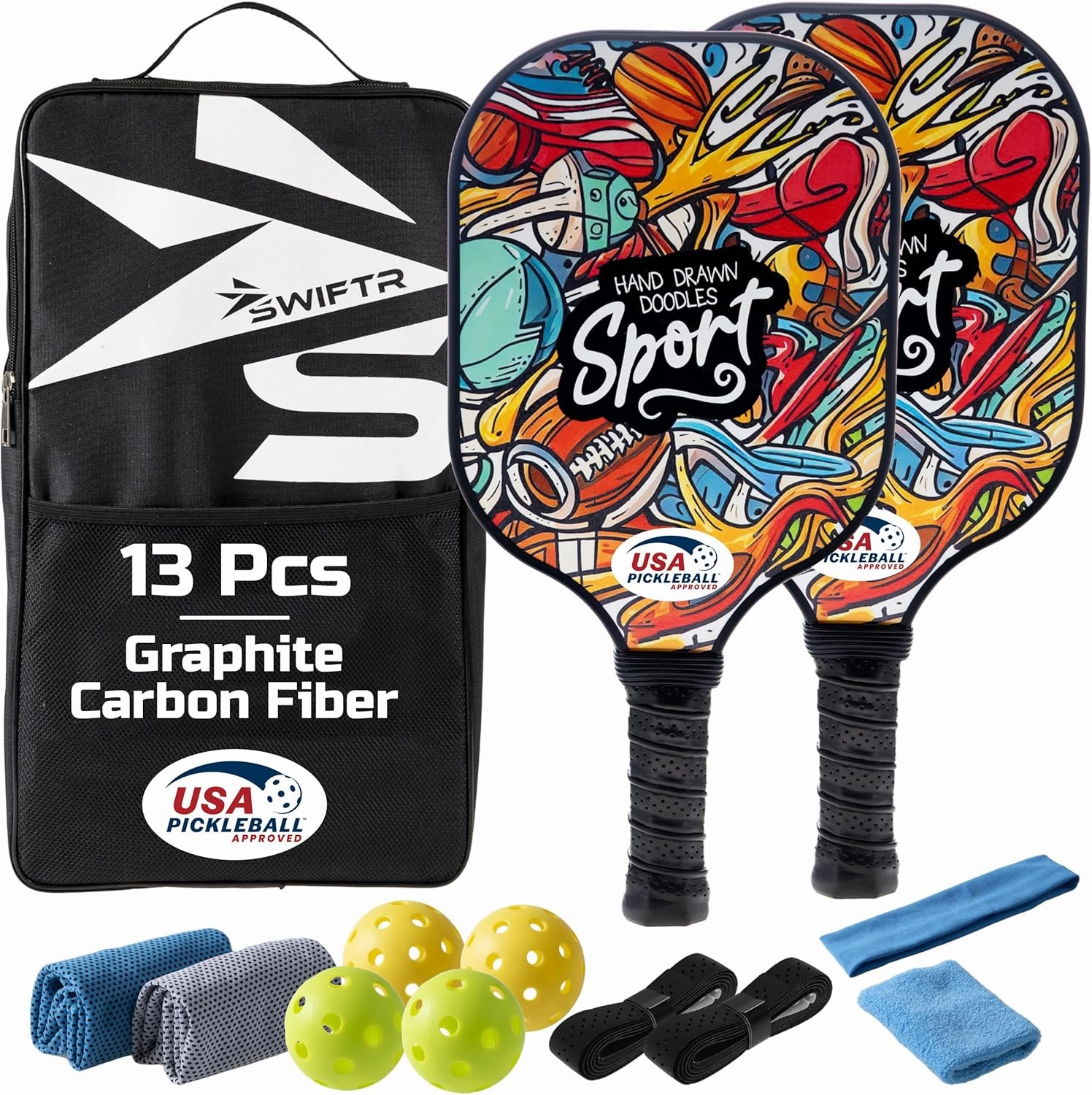 Pickleball Paddles Set of 2 Pack - USAPA Approved Pickleball Set 13Pcs - Graphite Carbon, Fiberglass Face & Thicker Polypropylene Honeycomb Core Pickleball Paddle Set – Pickle ball Racket with 4 Balls