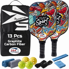 Pickleball Paddles Set of 2 Pack - USAPA Approved Pickleball Set 13Pcs - Graphite Carbon, Fiberglass Face & Thicker Polypropylene Honeycomb Core Pickleball Paddle Set – Pickle ball Racket with 4 Balls