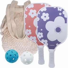 Pickleball Paddles Set of 2, with 2 Lightweight, Durable Fiberglass face and Polypropylene Honeycomb Core of Pickleball Paddle, 2 Balls, 1 Carrying Bag (Flora)