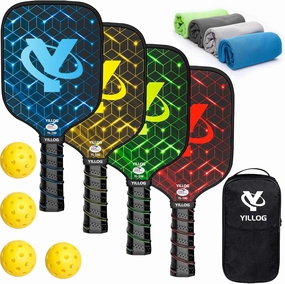 Pickleball Paddles,USAPA Approved Pickleball Paddle Set 4,Fiberglass Surface Pickleball Set,4 Pickleball Balls,4 Cooling Towels,Bag,Pickle Ball Paddle Men Women Red/Blue/Green/Yellow