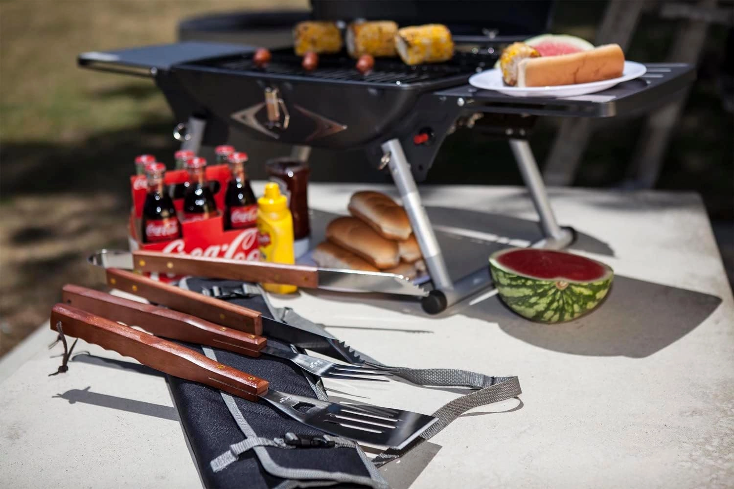 Picnic TIME NFL 3-Piece BBQ Tote & Grill Accessories Set, Outdoor Gril Set with Case, BBQ Spatula, BBQ Fork, and BBQ Tongs, (Black with Gray Accents)
