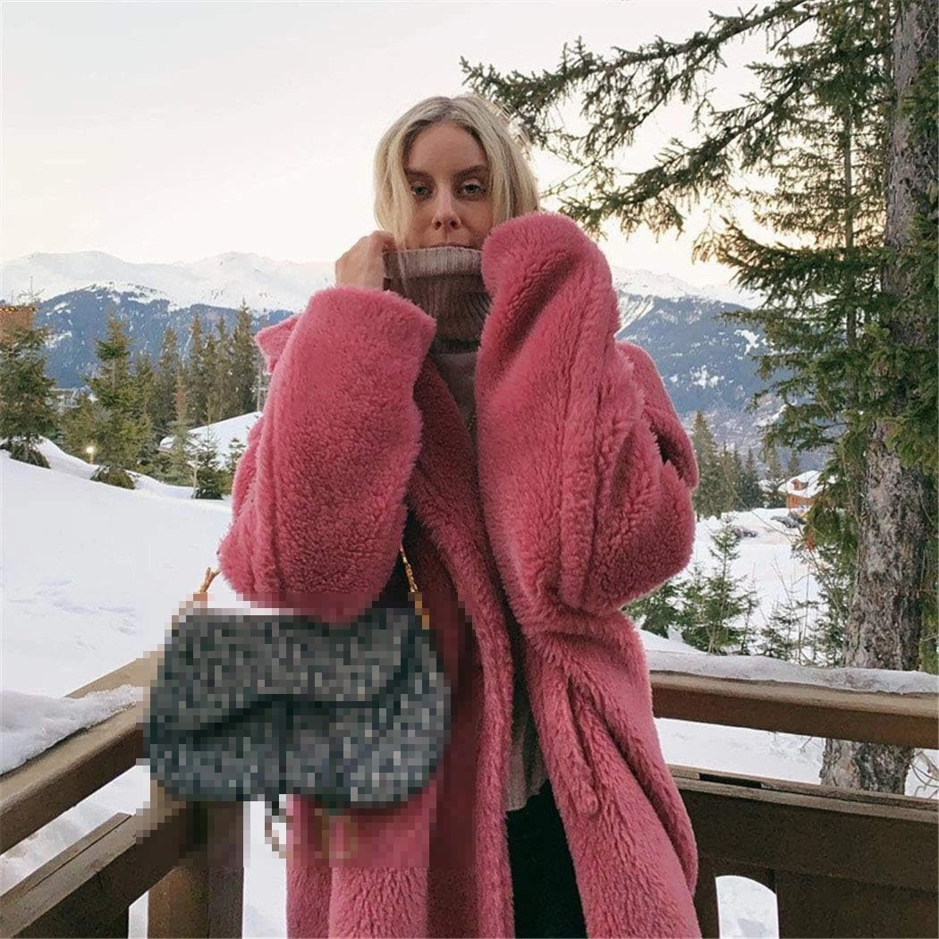 Pink Long Teddy Bear Jacket Coat,Women Winter Thick Warm Oversized Chunky Outerwear,Faux Lambswool Fur Overcoat