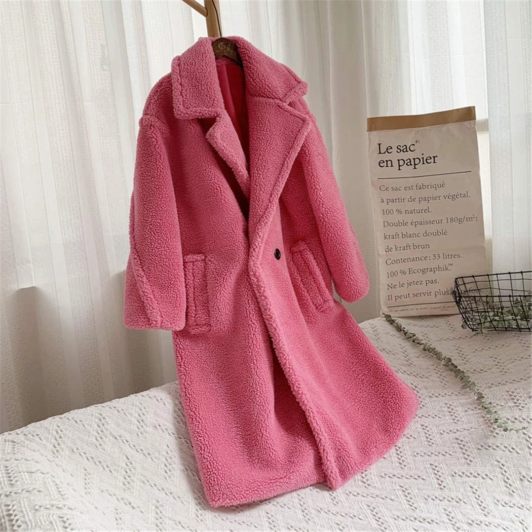 Pink Long Teddy Bear Jacket Coat,Women Winter Thick Warm Oversized Chunky Outerwear,Faux Lambswool Fur Overcoat