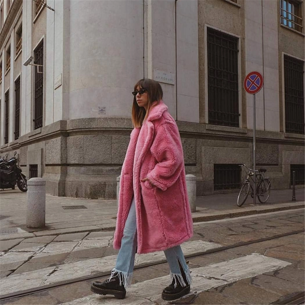 Pink Long Teddy Bear Jacket Coat,Women Winter Thick Warm Oversized Chunky Outerwear,Faux Lambswool Fur Overcoat