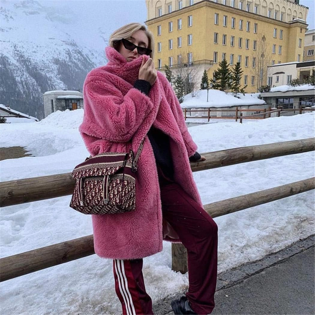Pink Long Teddy Bear Jacket Coat,Women Winter Thick Warm Oversized Chunky Outerwear,Faux Lambswool Fur Overcoat