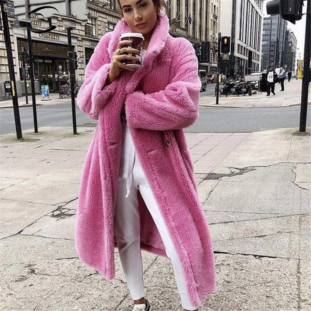 Pink Long Teddy Bear Jacket Coat,Women Winter Thick Warm Oversized Chunky Outerwear,Faux Lambswool Fur Overcoat