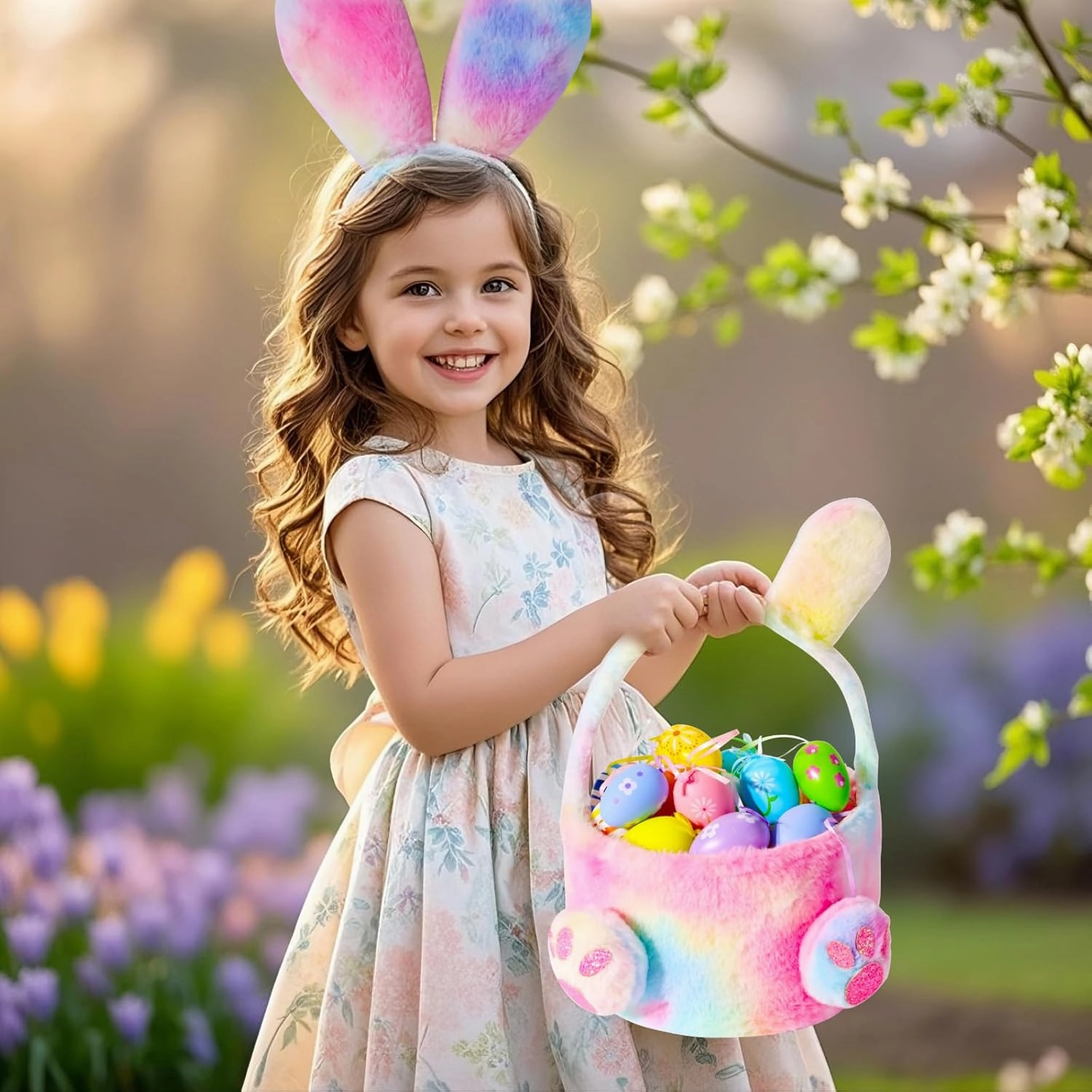 PinkSheep Bunny Ears and Tail for kids,Bunny Headbands with Pink Bunny Gloves/Bakset and Bunny Costume for Girls