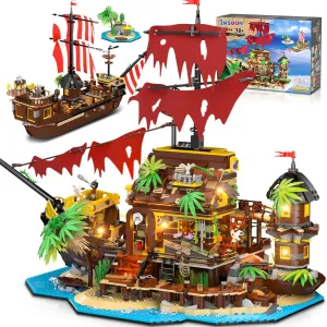 Pirate Shipwreck House Mini Building Set with LED Light, 1854 PCS, 2 in 1 Pirate Ship Building Block, Shipwreck Model Home Decor, Kids Boys Age 10-12 
