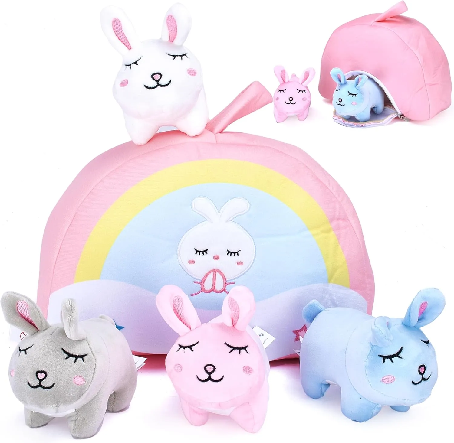 PixieCrush Premium Bunny Plush Toy Set of 5 - Vibrant, Durable & Adorable Bunny Toys for Girls - Ideal Gift Choice for Magical Playtime & Decor - Mini Bunnies with Rainbow Bag Set