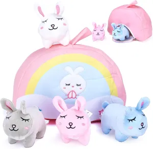 PixieCrush Premium Bunny Plush Toy Set of 5 - Vibrant, Durable & Adorable Bunny Toys for Girls - Ideal Gift Choice for Magical Playtime & Decor - Mini Bunnies with Rainbow Bag Set