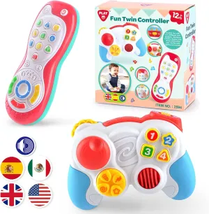 PLAY Baby Controller Toy - Bilingual Spanish & English Learning Toys, Pretend Video Game Controller & TV Remote Combo with Music and Light, Christmas Birthday Gift for Infants Toddlers 12  Months