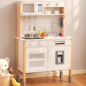 Play Kitchen for Kids Wooden Kitchen Toy Playset w/Light and Clicking Knobs, Chef Pretend Play Set w/Microwave, Oven, Coffee Machine, Ice Maker, Telephone, Toy Kitchen Set for Toddlers (White)