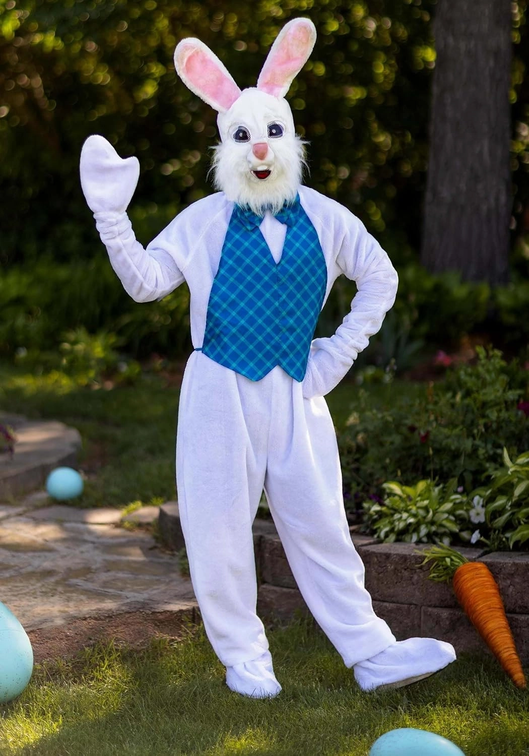 Plus Size Big & Tall Adult Easter Bunny Costume - 6 Pc Bunny Mascot Suit, Mask, Vest, Bow Tie, Shoe Covers & Gloves
