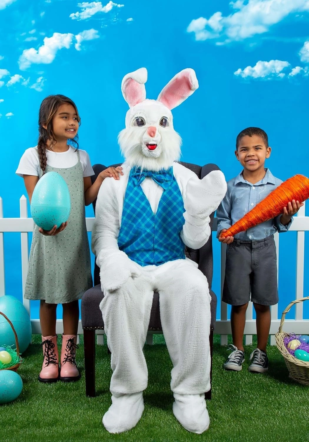 Plus Size Big & Tall Adult Easter Bunny Costume - 6 Pc Bunny Mascot Suit, Mask, Vest, Bow Tie, Shoe Covers & Gloves
