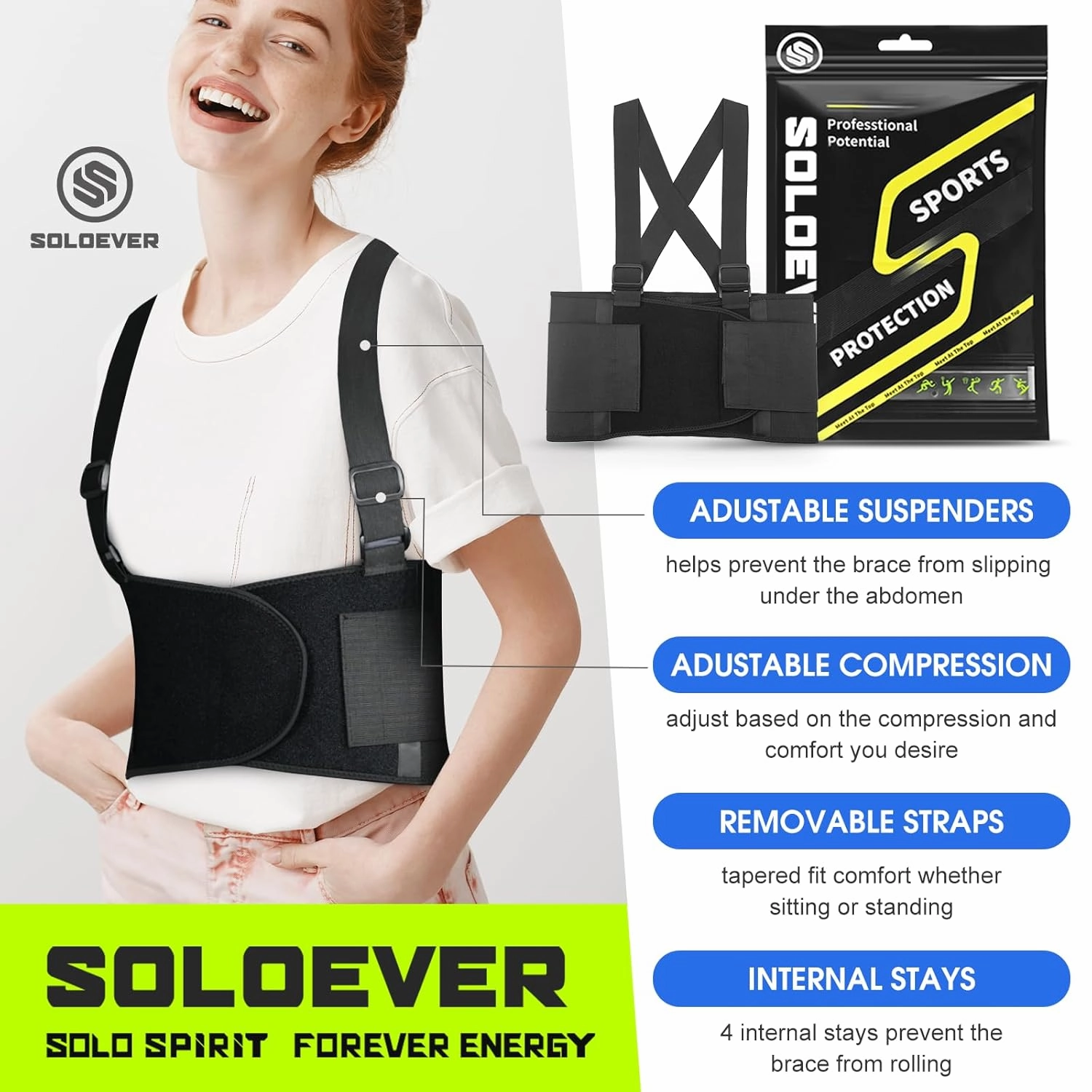Plus Size Work Back Brace for Men & Women, Adjustable Lower Back Support Belt with Suspenders for Back Pain Relief, Moving Construction Warehouse Heavy Lifting Safety & Protection (Black, XXX-Large)