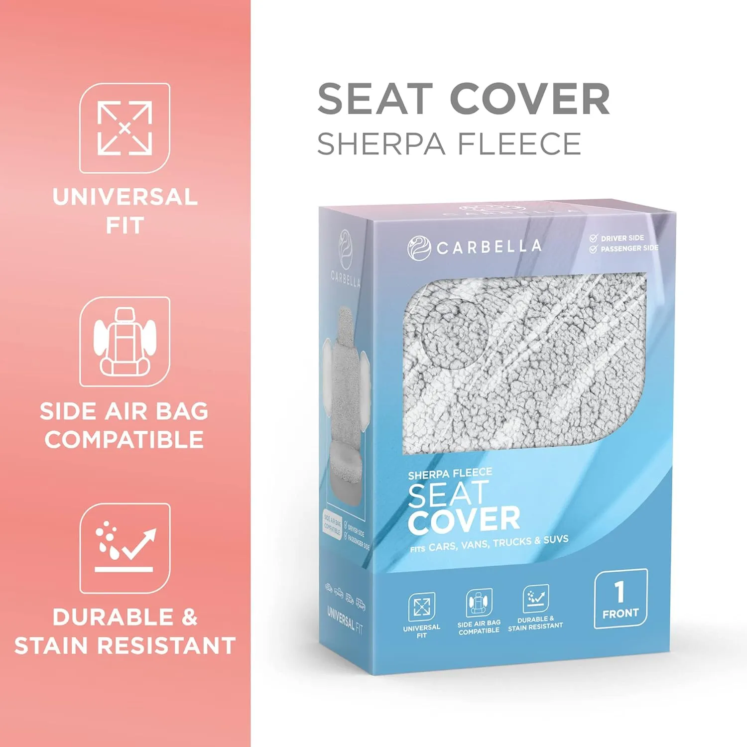 Plush Sherpa Fleece, 2 Pack Gray Seat Cover for Cars with Soft Cushioned Touch, Cute Automotive Interior Protector for Trucks Van SUV