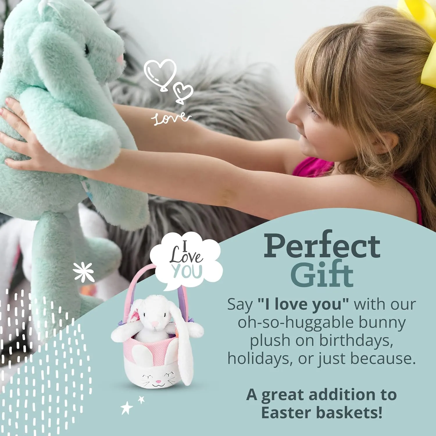 Plushible Easter Bunny Stuffed Animal, 18" (Mint Green) - Plush, Soft Embroidered Stuffed Bunny Toy for Kids, Newborns, Boys & Girls, Cuddly and Adorable Plush Toys