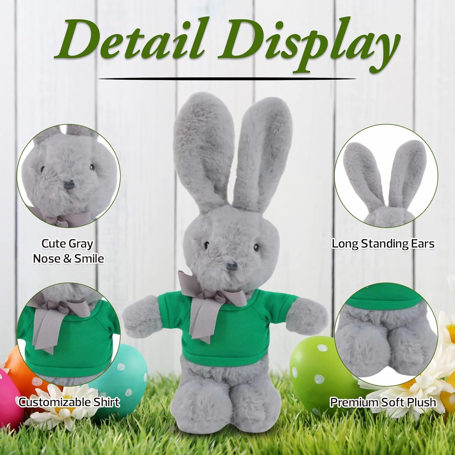 Plushland Long Ear Easter Gray Bunny Stuffed Animal Soft Lovely Realistic Plush Toys Personalized Basket Gift - Custom Text on Shirt 9 Inches (Kelly)