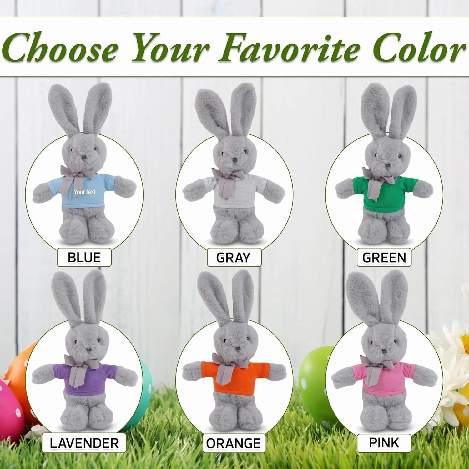 Plushland Long Ear Easter Gray Bunny Stuffed Animal Soft Lovely Realistic Plush Toys Personalized Basket Gift - Custom Text on Shirt 9 Inches (Kelly)