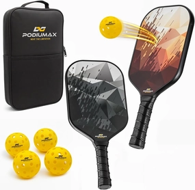 PodiuMax Pickleball Paddles Set of 2, Fiberglass Surface & 11mm Hexa Polymer Core, Lightweight Pickleball Rackets with 4 Balls & Carry Bag, Pickle Ball Paddles Set for Women Men (15.8" x 7.9")
