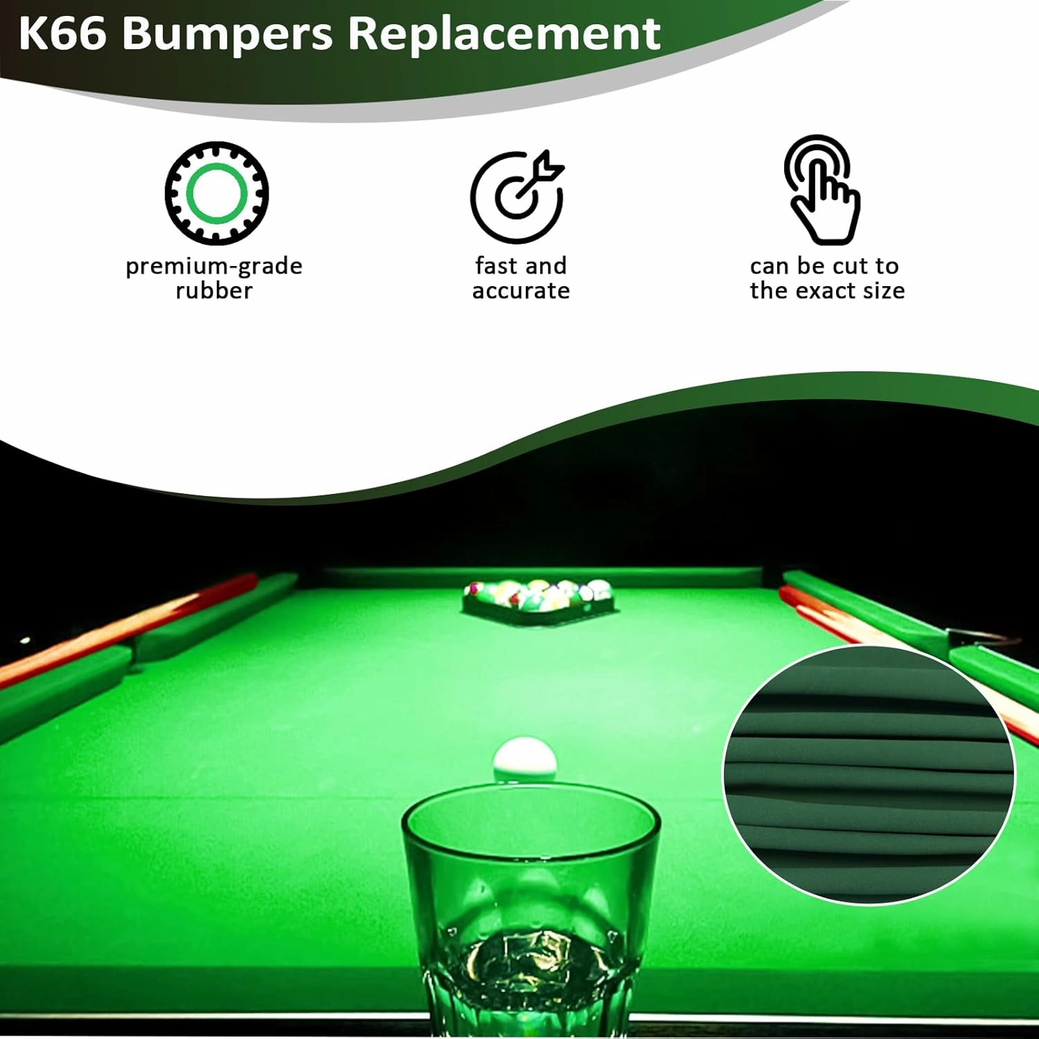 Podoy K66 Pool Table Bumpers and Felt, 8ft Professional Replacement Kit with 6 Rail Rubber Cushions, Pool Table Cloth with 6 Cloth Strips and 12 Rail Cushion Facings for Home Clubs Bars & Pro Use