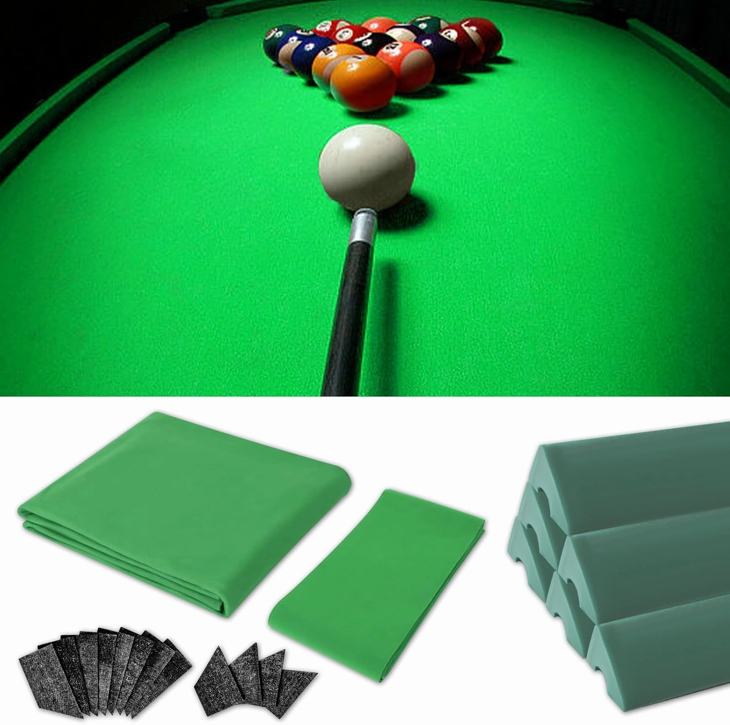Podoy K66 Pool Table Bumpers and Felt, 8ft Professional Replacement Kit with 6 Rail Rubber Cushions, Pool Table Cloth with 6 Cloth Strips and 12 Rail Cushion Facings for Home Clubs Bars & Pro Use