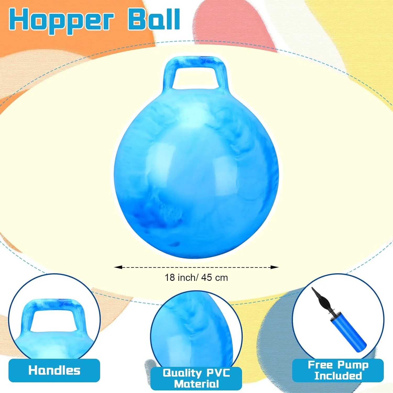 Poen 2 Pcs Bouncing Ball with Handle, Hopper Jumping Hopping Ball with Air Pump for Games(18 Inch,Marbled Blue)