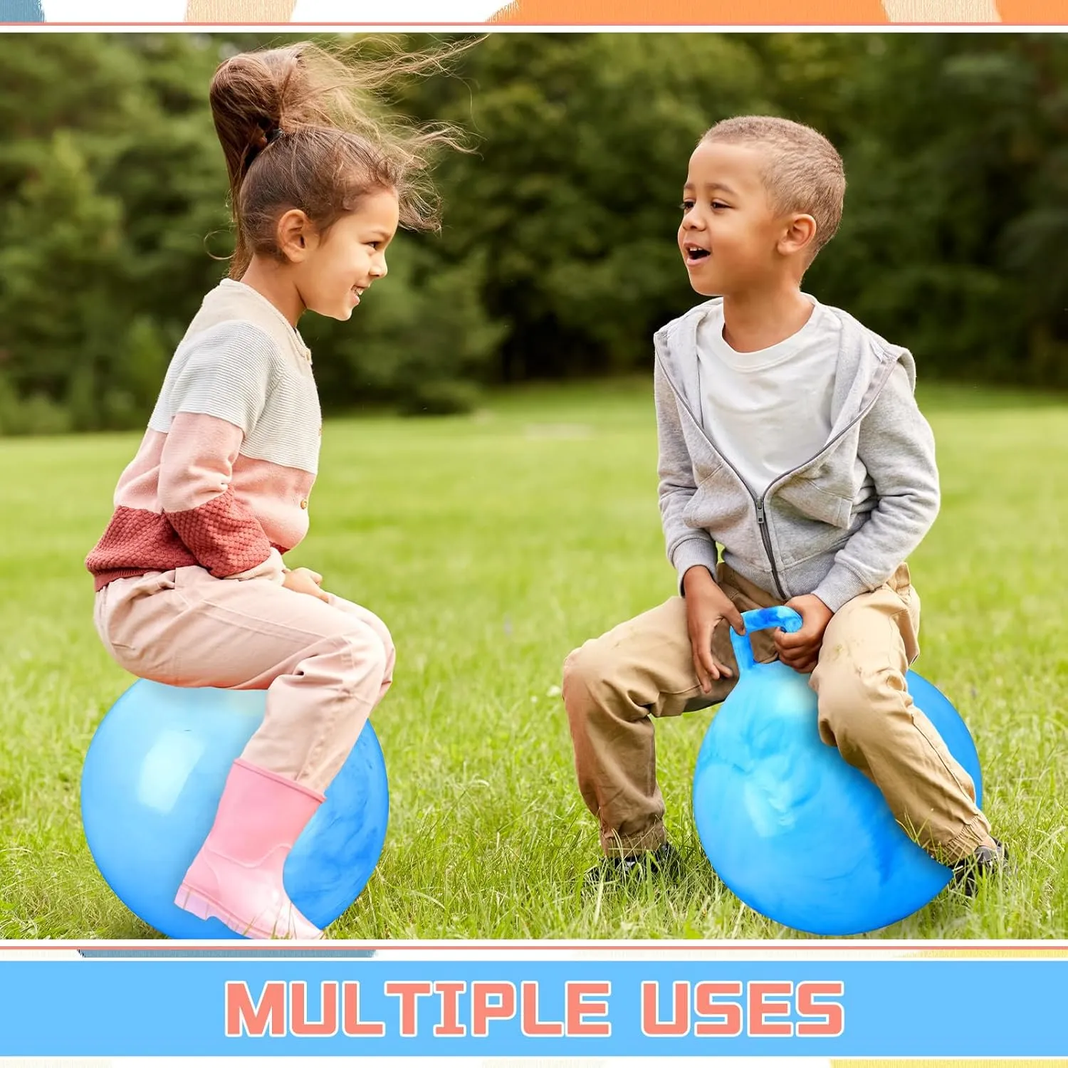 Poen 2 Pcs Bouncing Ball with Handle, Hopper Jumping Hopping Ball with Air Pump for Games(18 Inch,Marbled Blue)
