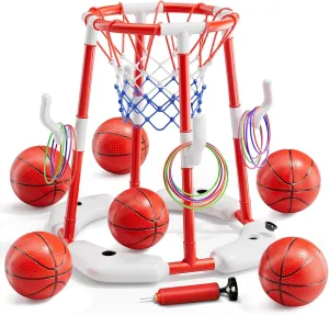 Pool Basketball Hoop, Floating Game with 6 Balls & Pump, Kids Pool Toys for Outdoor Summer Fun, Adjustable Height for Ages 4-8-12, Family Swimming Pool Accessory（red）