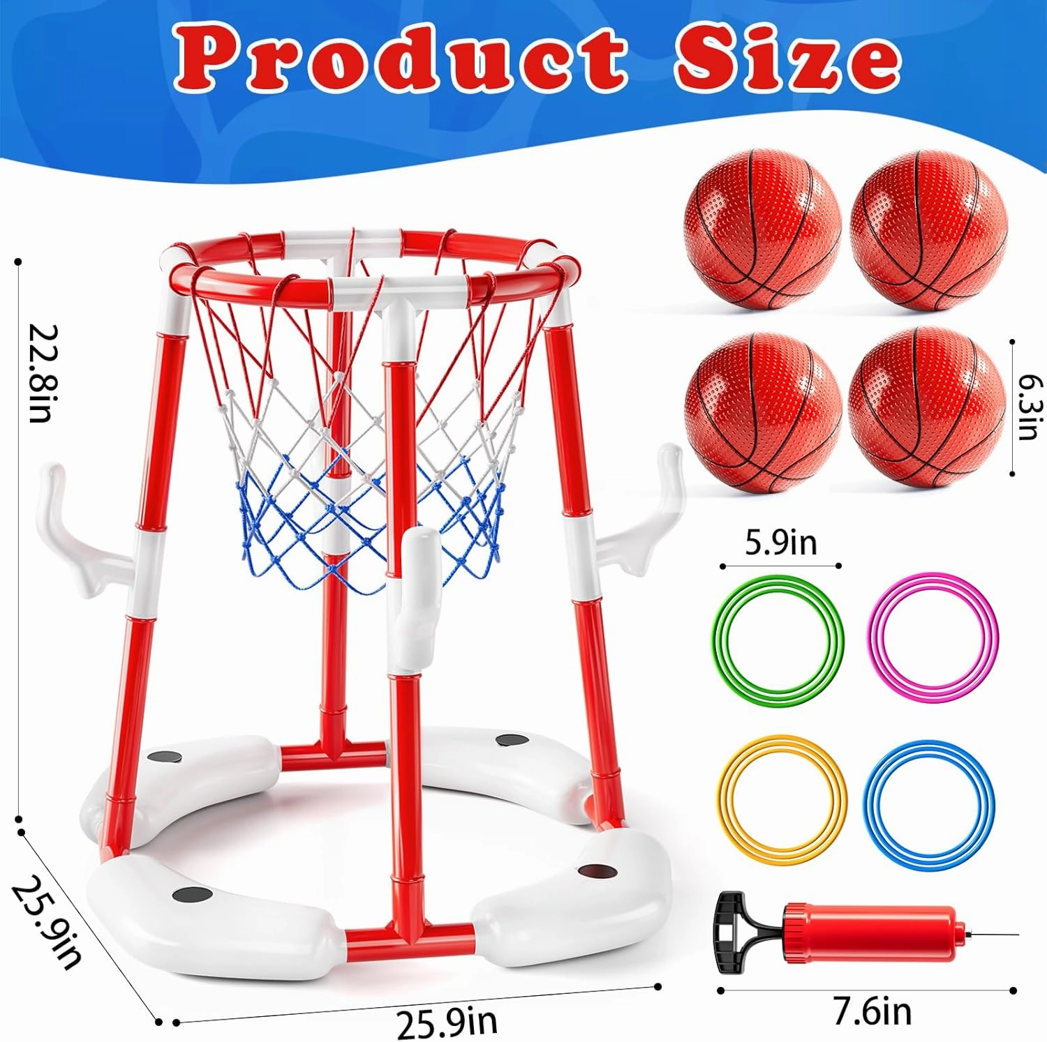 Pool Basketball Hoop Toys,2-in-1 Floating Basketball Pool Games with 4 Balls/12 Rings/Pump,Swimmming Pool Games for Kids Ages 4-8 8-12 Adult, Outdoor Water Play Toys for Summer Family Party(Red)