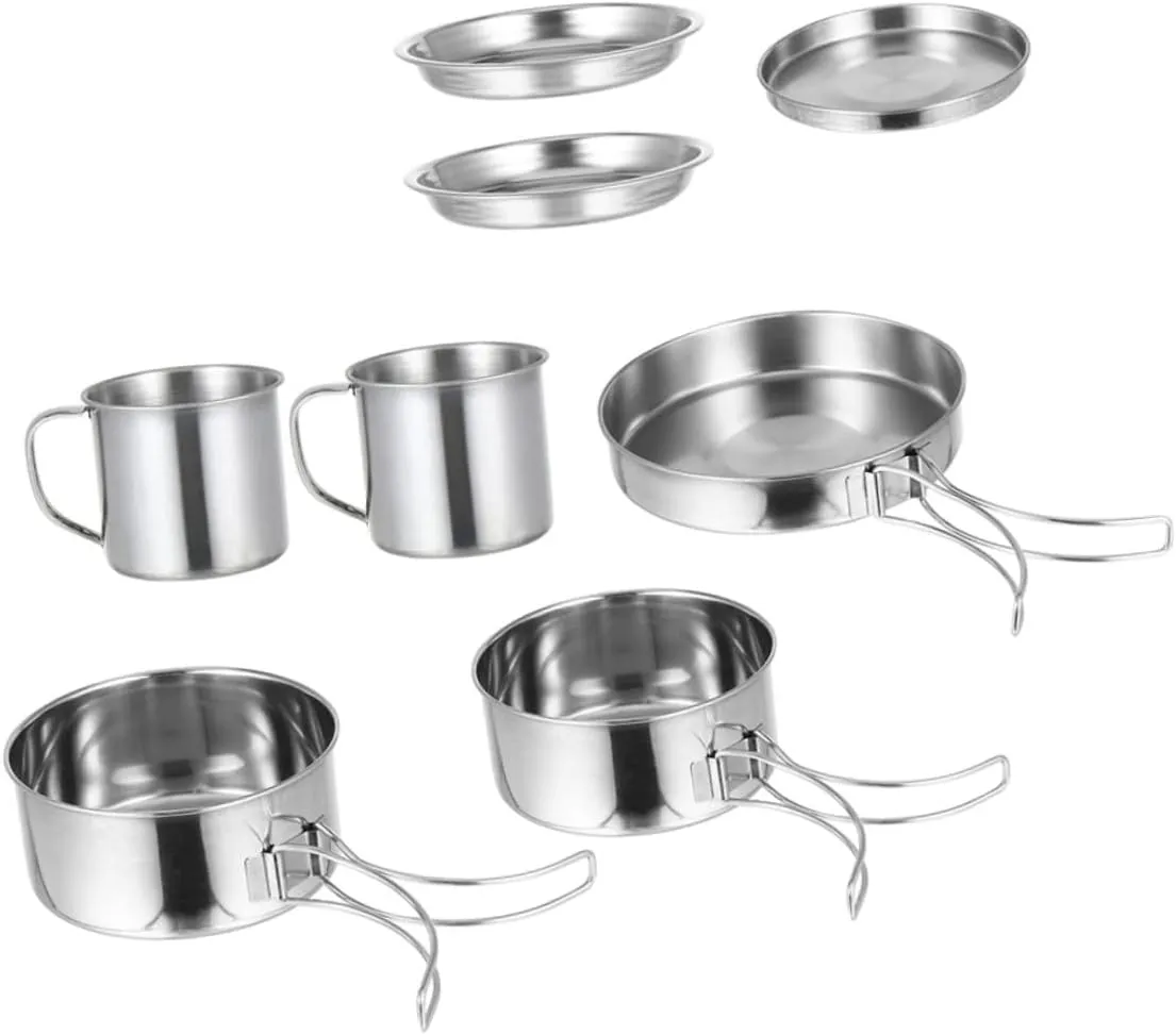 POPETPOP Space-Saving Camping Cookware 8-Piece Portable Pot Set Outdoor Cooking Pan