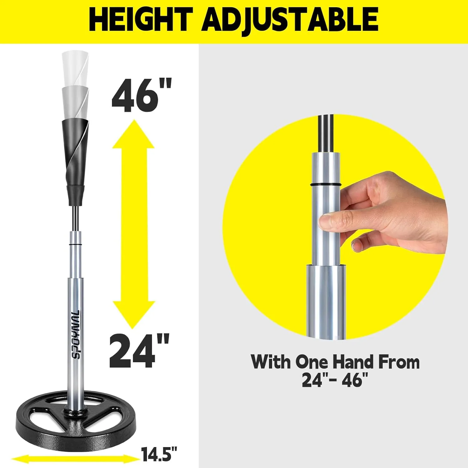 Portable Batting Tee for Baseball/Softball - Adjustable Height 24" to 46', 25" to 37", Baseball Practice Training Hand-Rolled Flexible Rubber Top & Heavy Duty Base for T-Ball, Youth & Adults