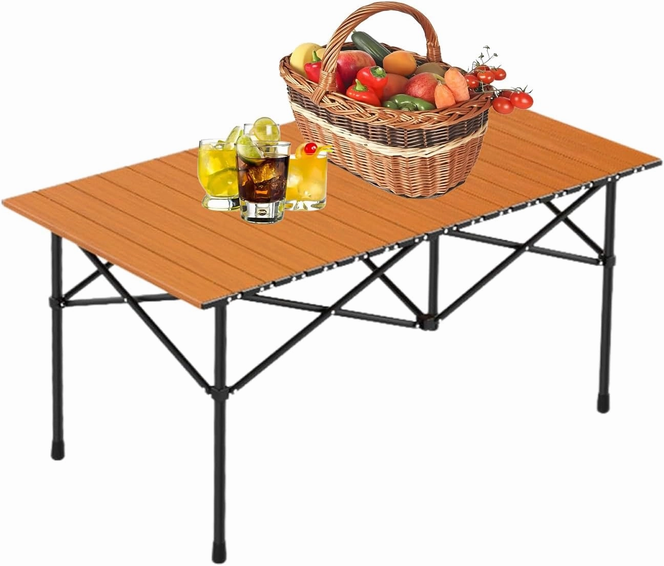 Portable Camping Side Table, Lightweight Aluminum Folding Table with Carry Bag, Ideal for Picnic, BBQ, Cooking, and Outdoor Activities Wood Color 120×55×50cm/47×21×19.7in