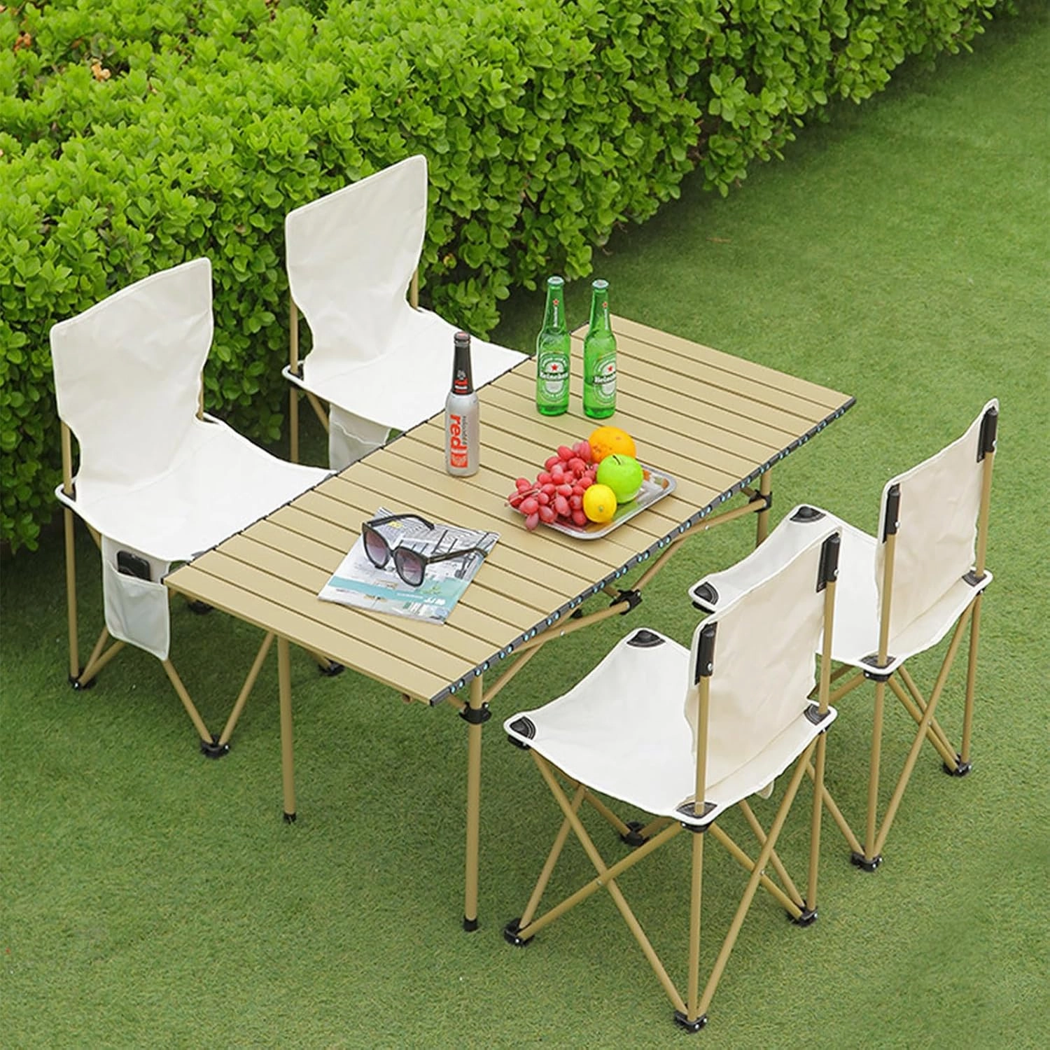 Portable Camping Side Table, Lightweight Aluminum Folding Table with Carry Bag, Ideal for Picnic, BBQ, Cooking, and Outdoor Activities Wood Color 120×55×50cm/47×21×19.7in