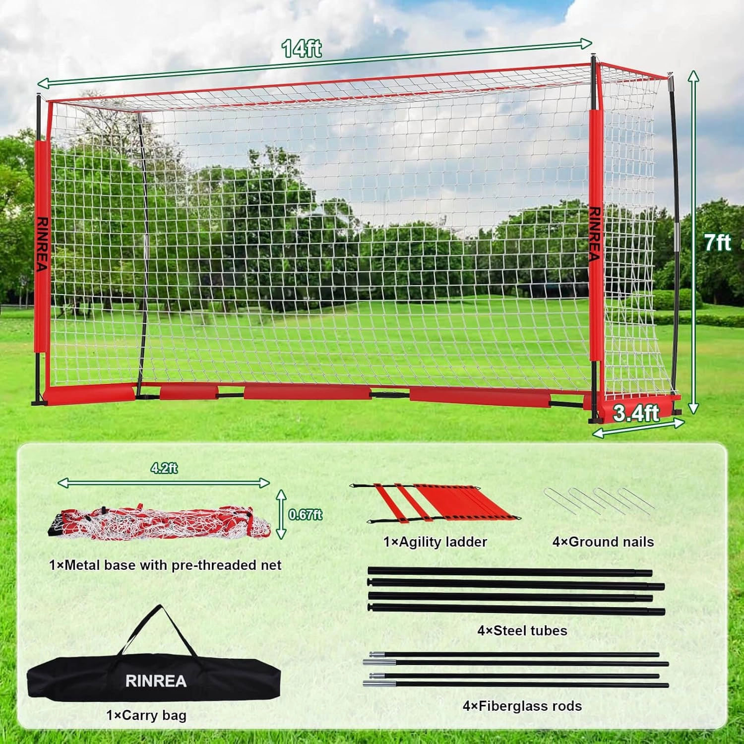 Portable Soccer Goal, Collapsible Soccer Goal Net Metal Base, Quick Setup Soccer Training Equipment with 1 Carry Bag, 1 Agility Ladder, 4 Ground Nails