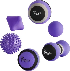 Posture Magic Massage Ball Kit for Myofascial Trigger Point Release & Deep Tissue Massage - Set of 6 - Large Foam/Small Foam/Lacrosse/Peanut/Spiky/Hand Exercise Ball (Purple)